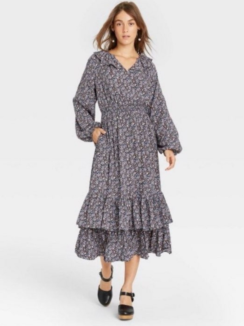 Universal Thread Floral Tiered Long Sleeve Dress - XL